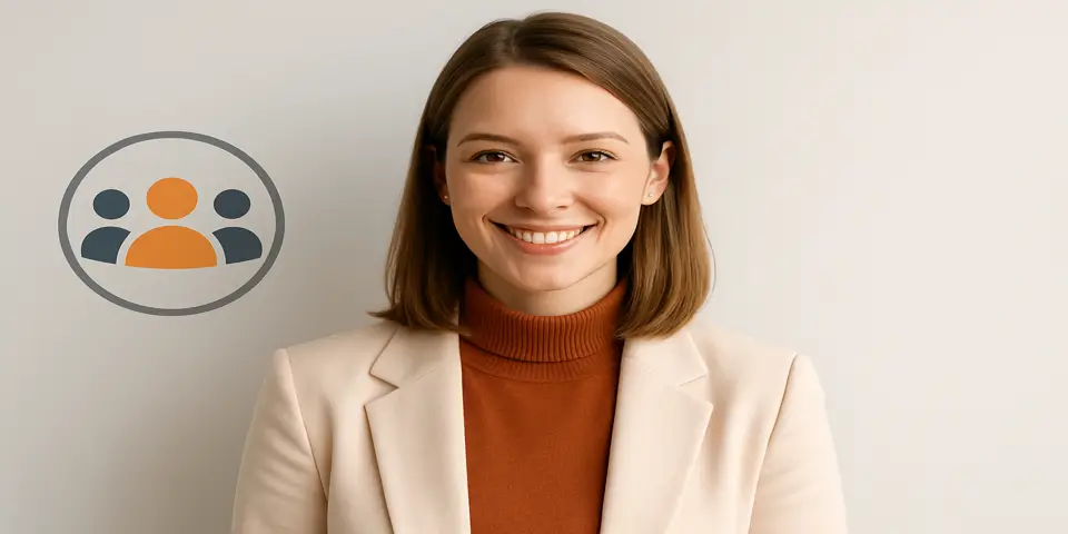 Professional woman smiling confidently in a light workspace.