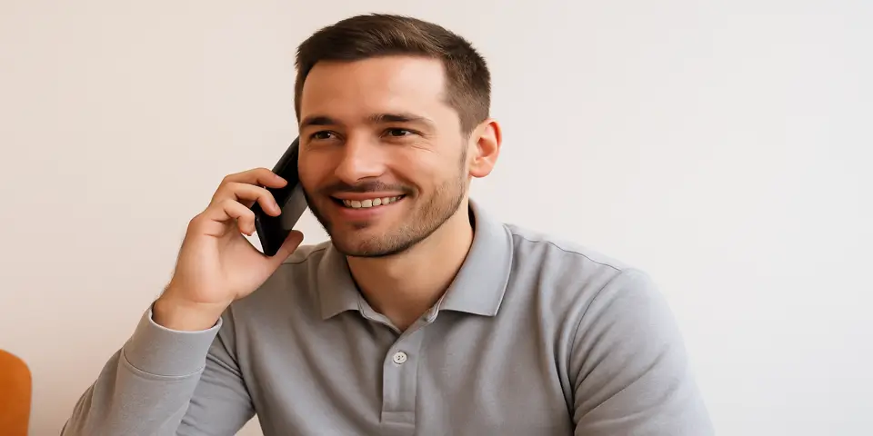 Smiling man on phone in casual attire with a clean background