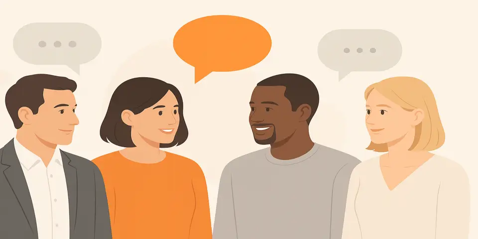 Diverse team of four smiling and exchanging chat bubbles