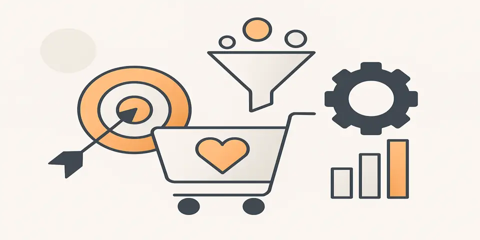 Modern icons representing conversion funnels, metrics, and ROI tracking