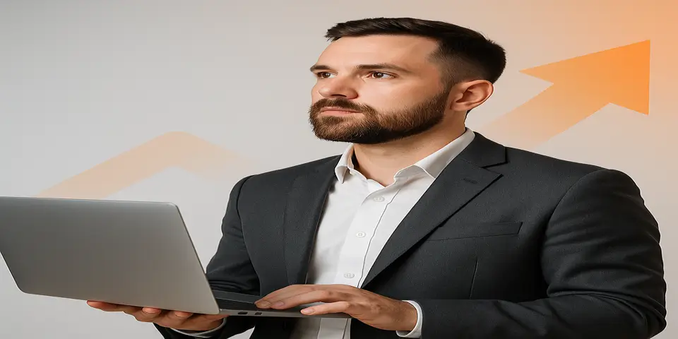 A confident professional male reviewing marketing data on screen