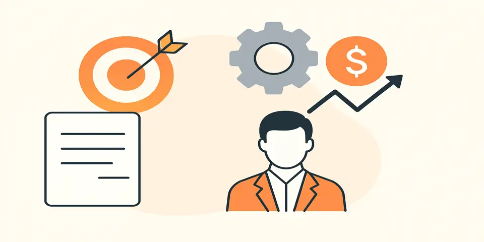 Flat icons representing content, conversion goals, and business growth.