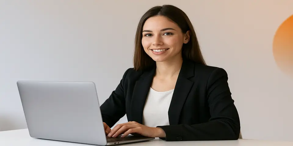 Young professional working on B2B content strategy using a laptop.