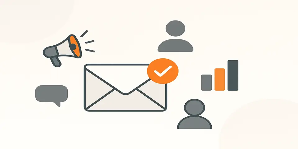 Minimal icons symbolizing email sending, analytics, and user interaction.