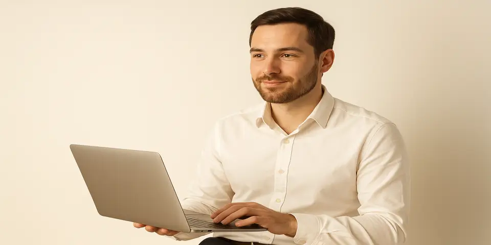 Professional man reviewing email campaign performance on a laptop.