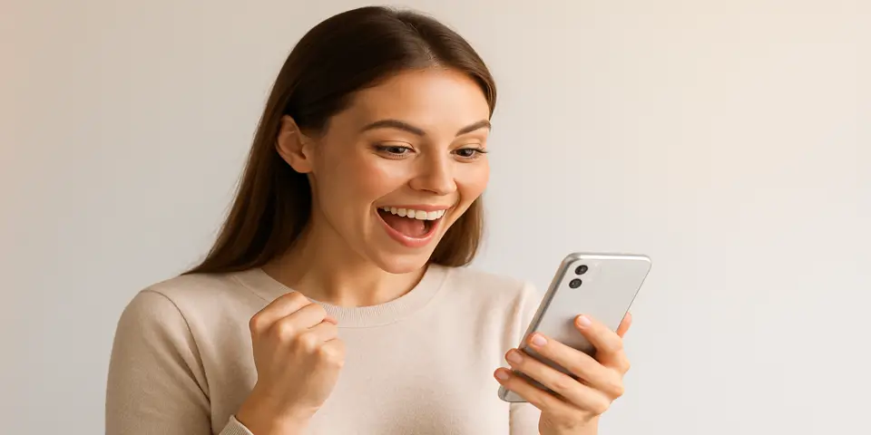 A smiling woman using her smartphone to respond to an online poll