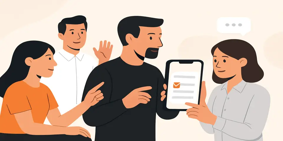 A group of diverse people interacting around a smartphone with poll results