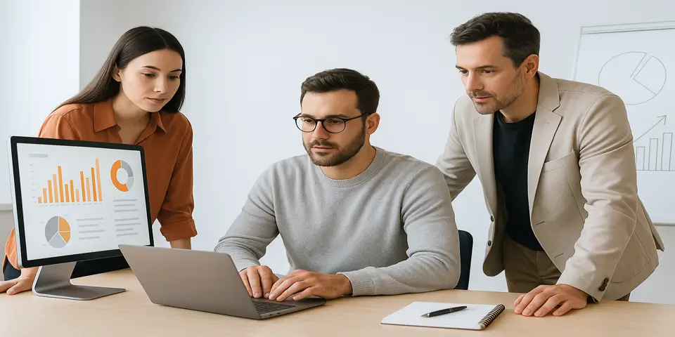 Three professionals discussing content strategy around a desk
