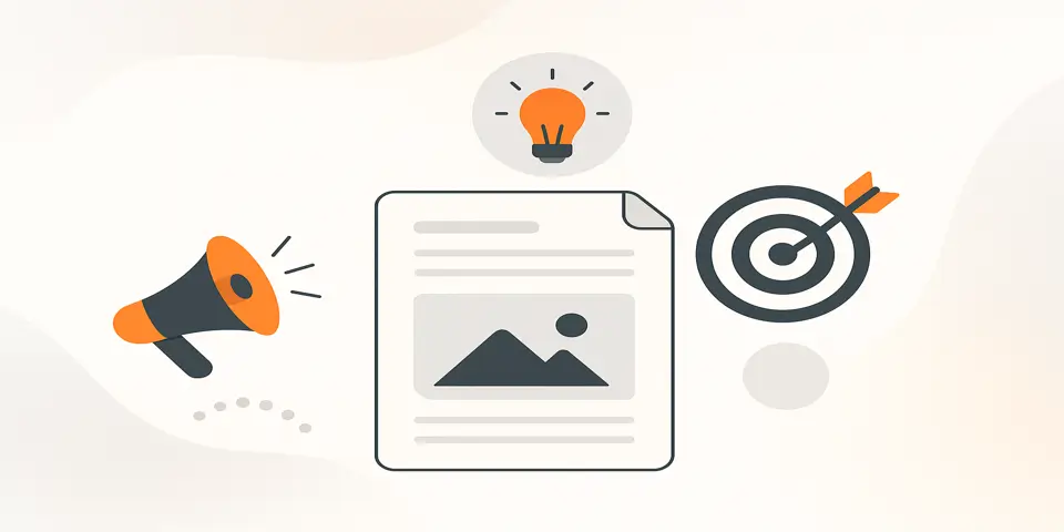 Flat digital icons representing planning, publishing, and performance tracking.