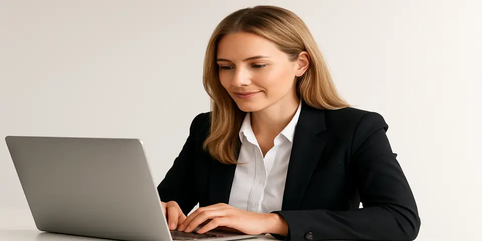 Professional woman crafting content strategy on a modern laptop.