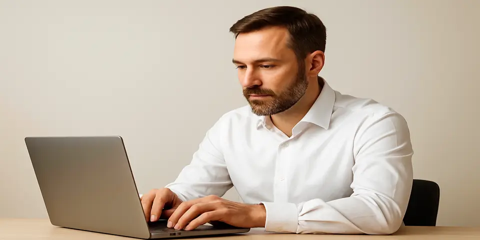 Business professional analyzing growth data on a laptop.