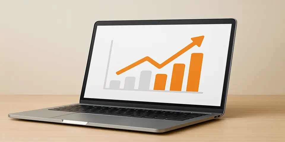 Laptop displaying bar and line graphs tracking content strategy success.