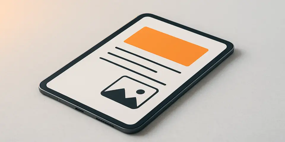 Tablet displaying marketing content on soft-tone background.