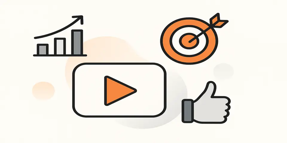 Minimal icons representing video editing, publishing, analytics, and reach.