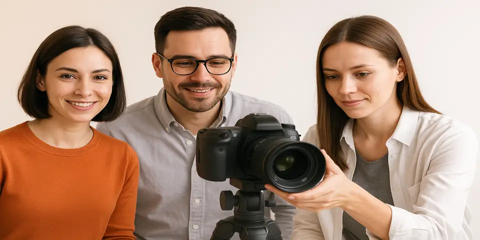 Three professionals brainstorming video content strategies in a studio.