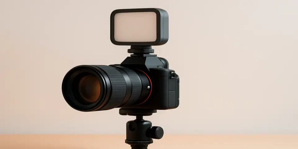 Compact video camera placed on a desk for professional recording setup.
