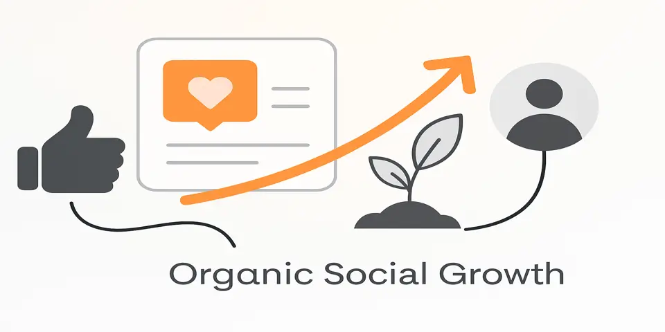 Icons and shapes symbolizing content strategy and social engagement.