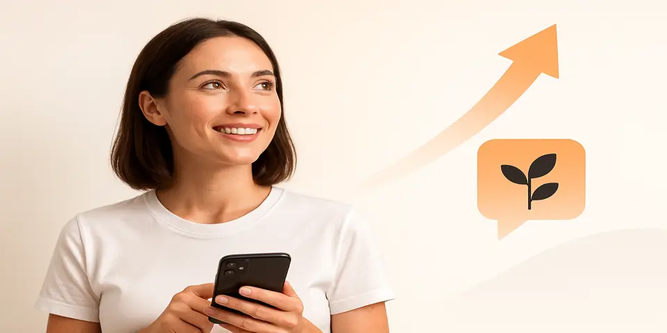Woman smiling while using smartphone with growth visuals.