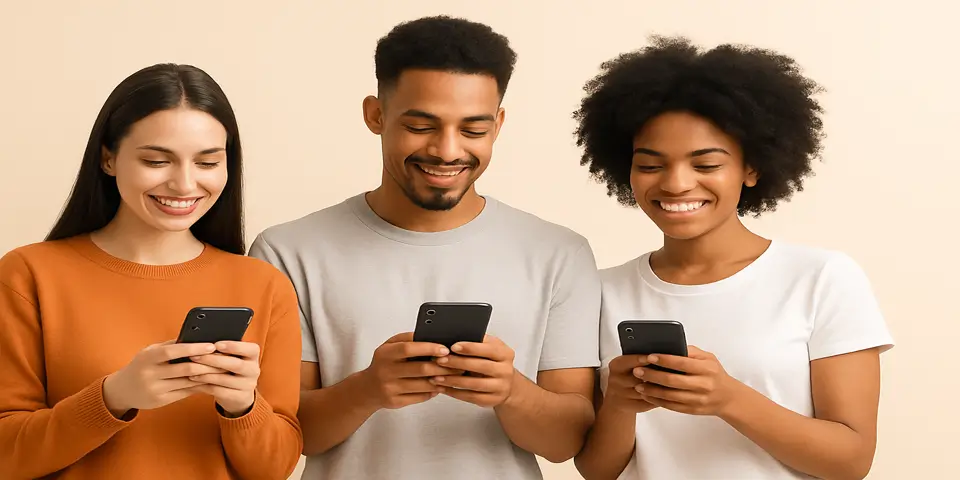 Three people using smartphones with expressions of engagement.