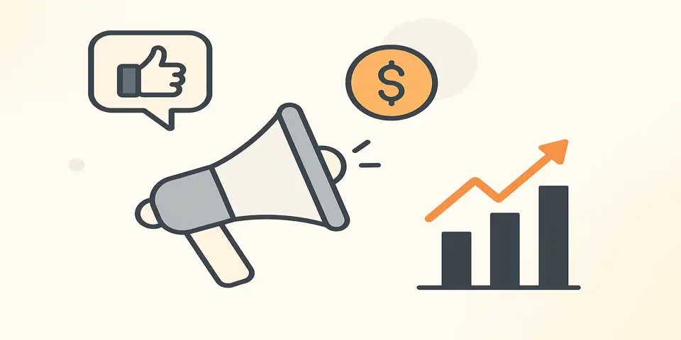 Five abstract icons showing paid social media and ROI concepts