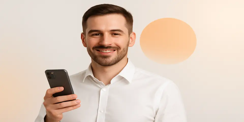 Confident professional holding phone with social media interface
