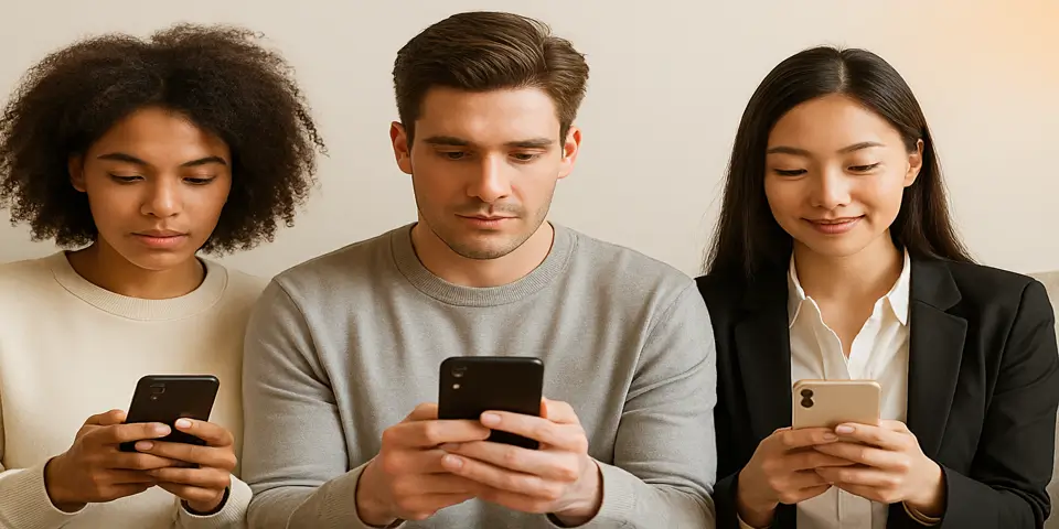 Group of young adults focused on social media via smartphones