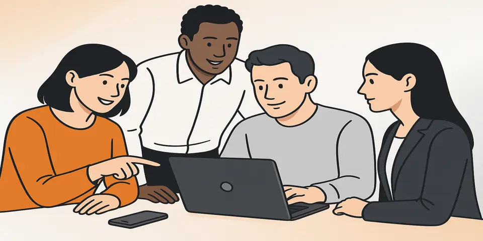 A team of professionals collaborating on a digital marketing SEO campaign.