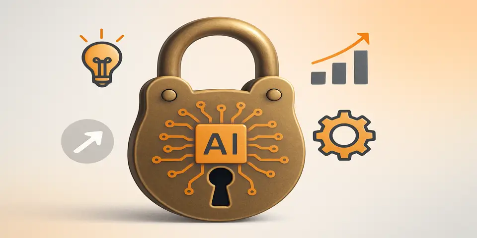 AI circuit lock surrounded by growth and innovation icons in soft tones