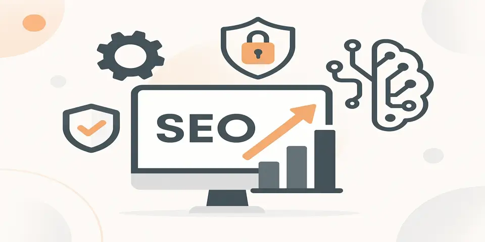 Abstract icons representing analytics, SEO graphs, and digital strategy.