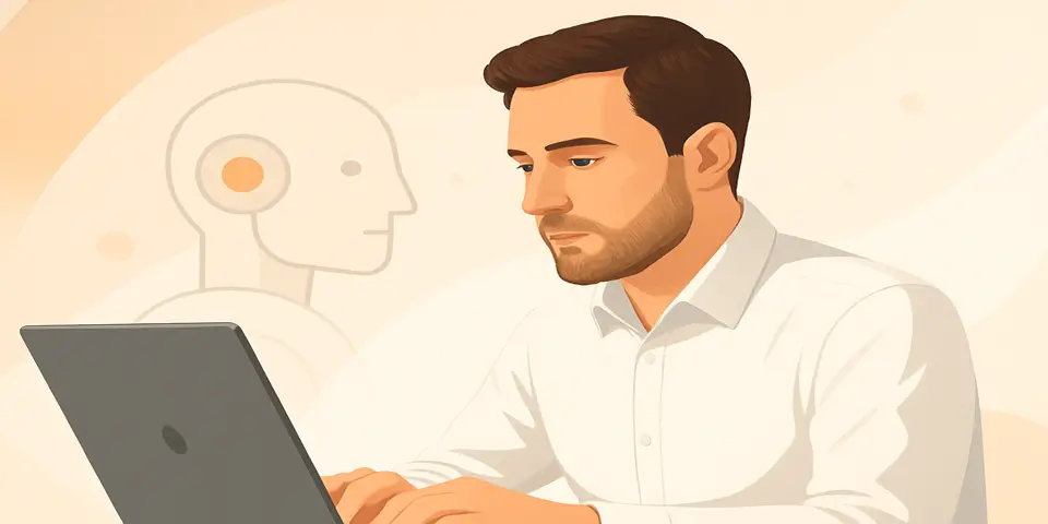 Focused professional using digital tools for AI business strategy