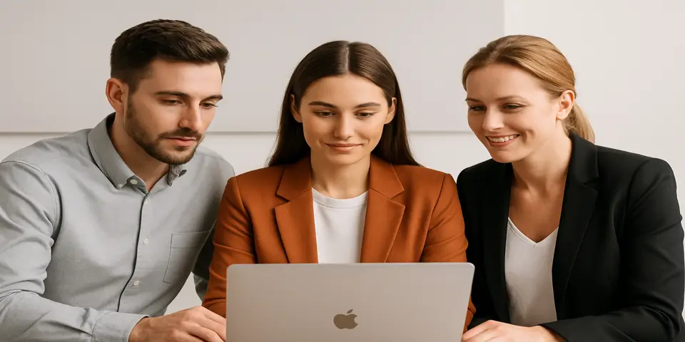 Three marketing professionals collaborating on a content strategy at a laptop.