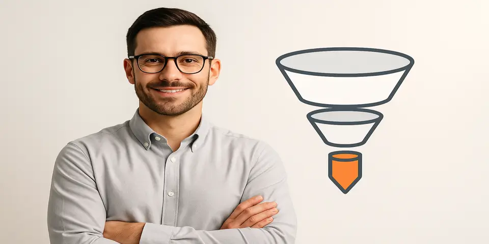 Business professional analyzing mid-funnel content strategy on laptop.