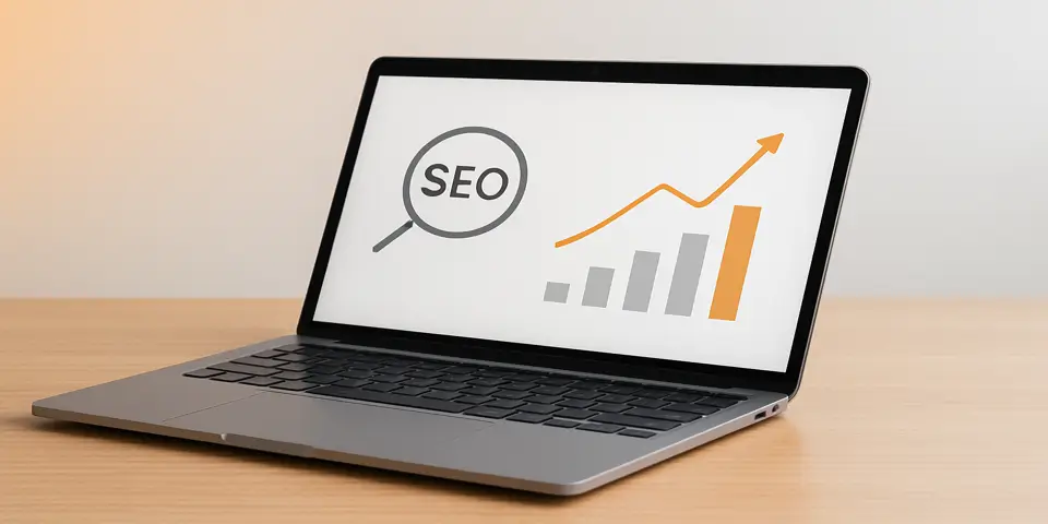 Laptop displaying SEO analytics dashboard with chart and magnifier on clean desk.