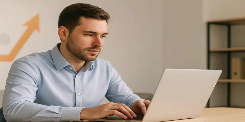 Professional analyzing AI output data on a laptop in modern workspace