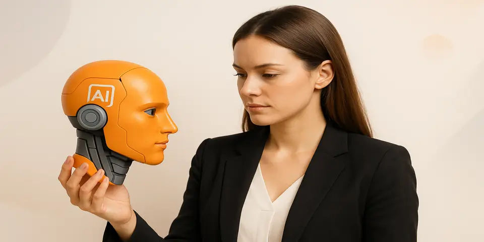 Focused professional holding AI device, reflecting on customization