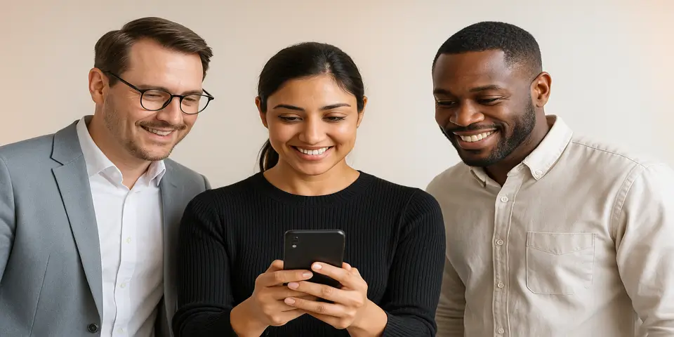 Three diverse professionals reviewing engagement metrics on a smartphone together.