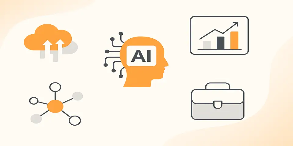Minimal abstract icons representing AI-driven business growth