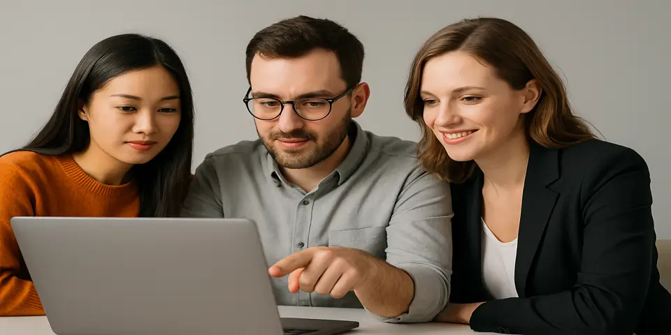 Three professionals reviewing SEO content strategy on a laptop in a collaborative setting.