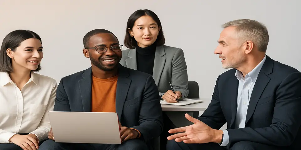 Diverse team collaborating on AI strategy for business growth