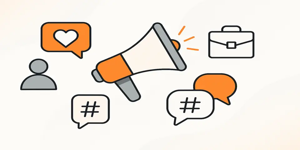 Flat icons including megaphone, chat bubbles, and briefcase for social marketing.