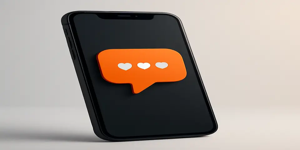 Smartphone showing a speech bubble with hearts, symbolizing social engagement.