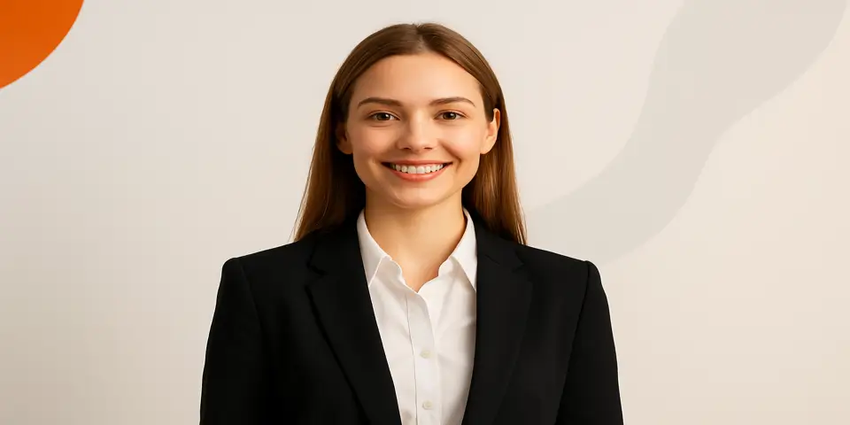Young professional woman smiling confidently at the workplace.