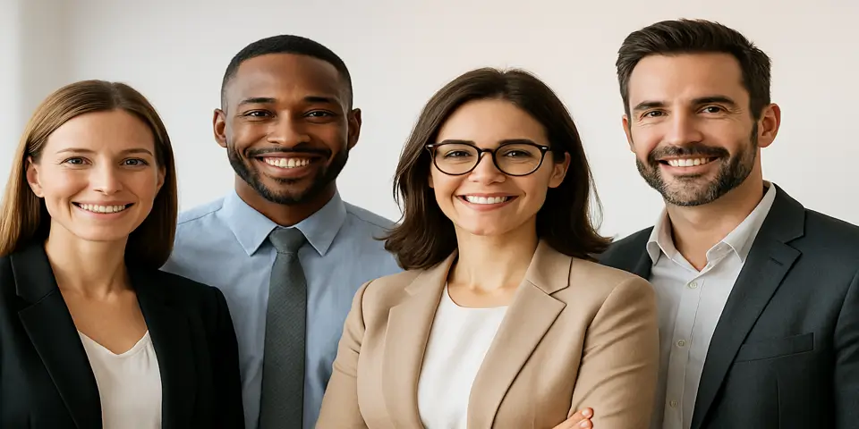 Four professionals of diverse backgrounds standing together confidently.