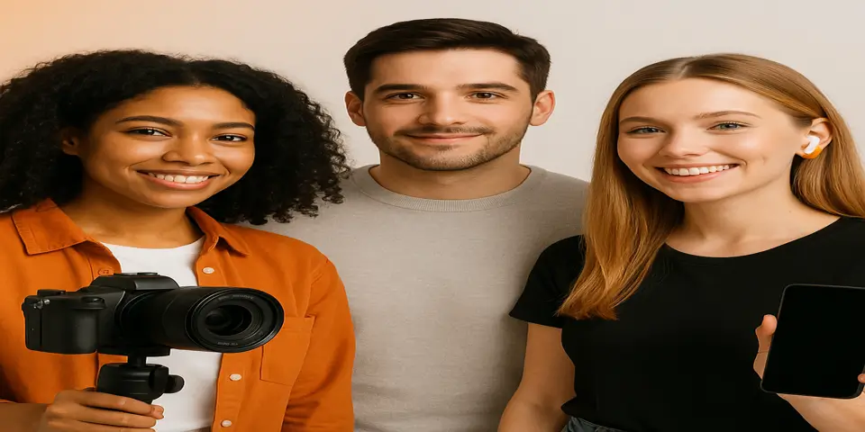 Three digital creators brainstorming influencer marketing strategies.