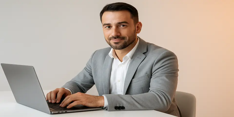 Professional marketer analyzing BoFu campaign results on a laptop.