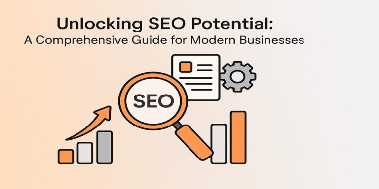 Modern SEO concepts illustrated with digital icons for business growth.