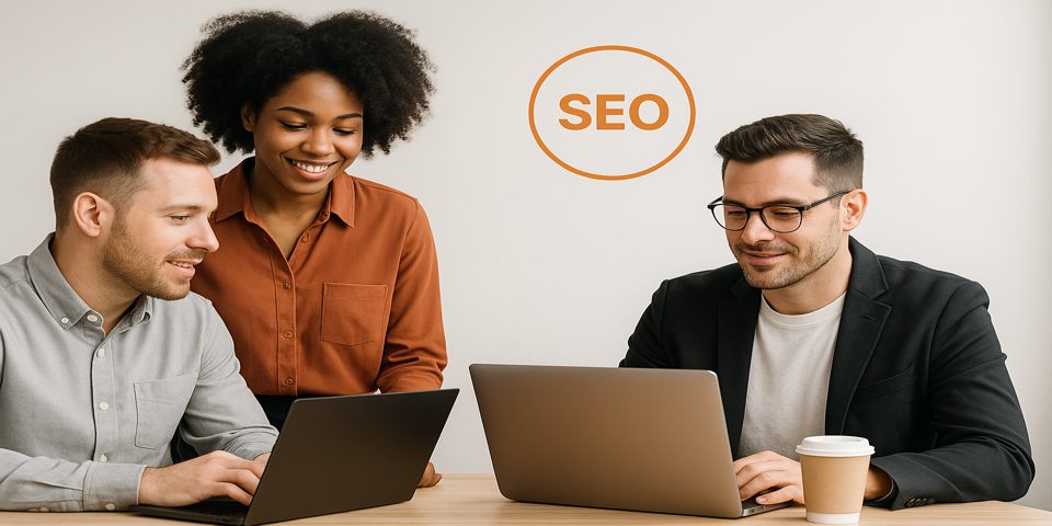 Team of marketers analyzing business performance with SEO tools