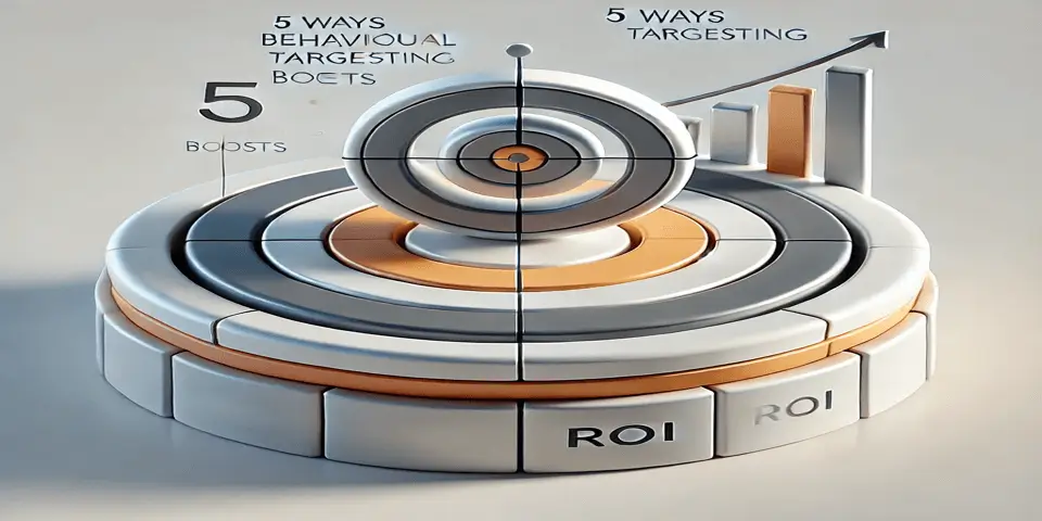 Futuristic digital marketing dashboard displaying behavioral targeting analytics and ROI metrics.