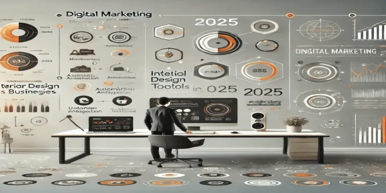 Futuristic digital marketing dashboard for interior design businesses in 2025.