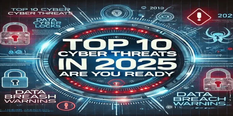 A high-tech visualization of cybersecurity threats and solutions in 2025.